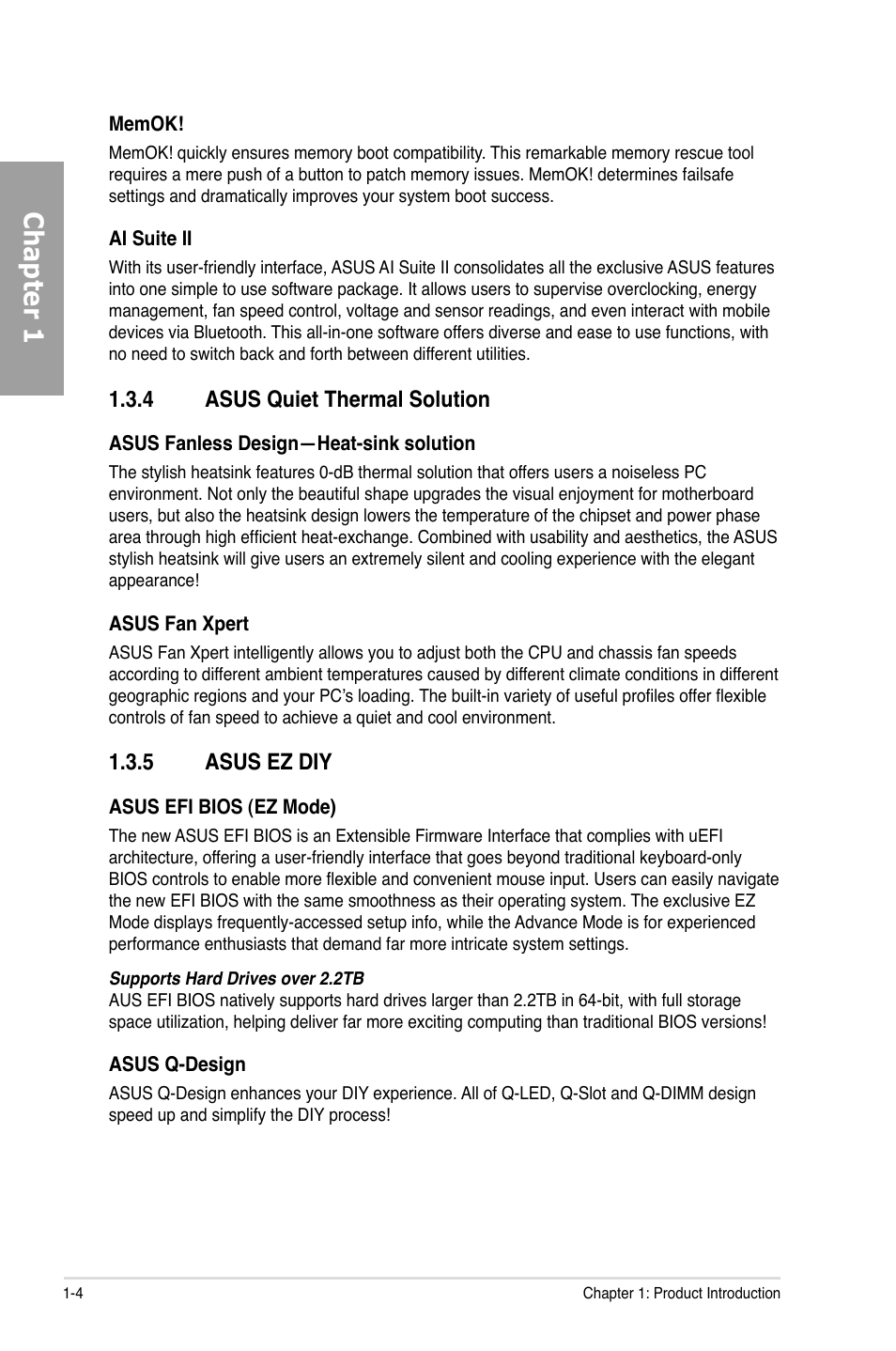 Asus quiet thermal solution -4, Asus ez diy -4, Chapter 1 | 4 asus quiet thermal solution, 5 asus ez diy | Asus P8P67 PRO (REV 3.1) User Manual | Page 16 / 136