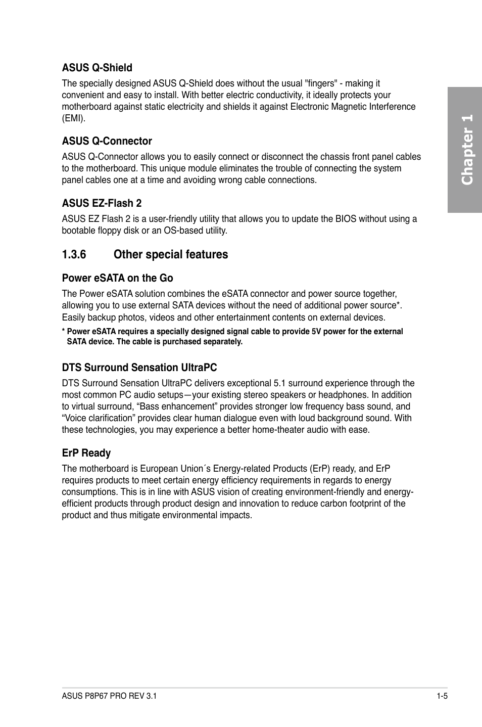 Other special features -5, Chapter 1, 6 other special features | Asus P8P67 PRO (REV 3.1) User Manual | Page 17 / 136