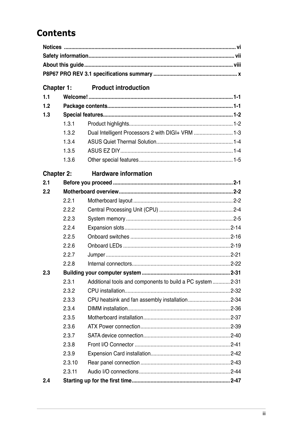 Asus P8P67 PRO (REV 3.1) User Manual | Page 3 / 136