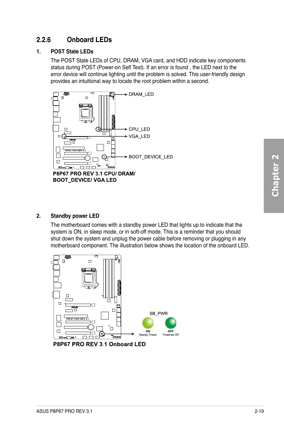 Onboard leds -19, Chapter 2, 6 onboard leds | Asus P8P67 PRO (REV 3.1) User Manual | Page 37 / 136