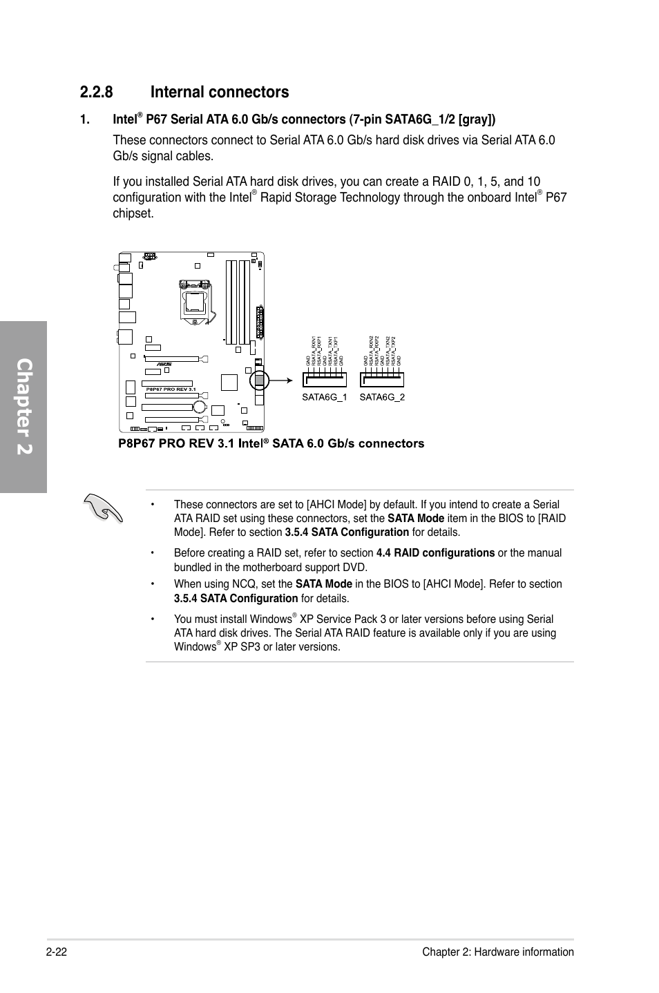 Internal connectors -22, Chapter 2, 8 internal connectors | Asus P8P67 PRO (REV 3.1) User Manual | Page 40 / 136