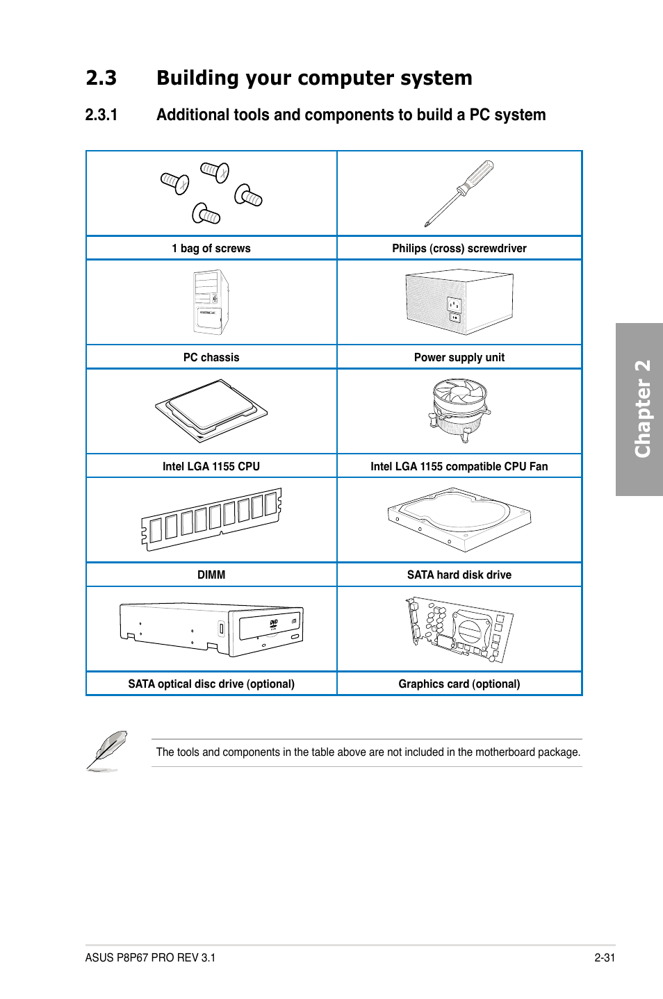 Building your computer system -31 2.3.1, Chapter 2 2.3 building your computer system | Asus P8P67 PRO (REV 3.1) User Manual | Page 49 / 136