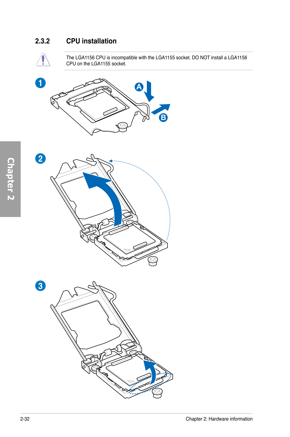 Cpu installation -32, Chapter 2 | Asus P8P67 PRO (REV 3.1) User Manual | Page 50 / 136