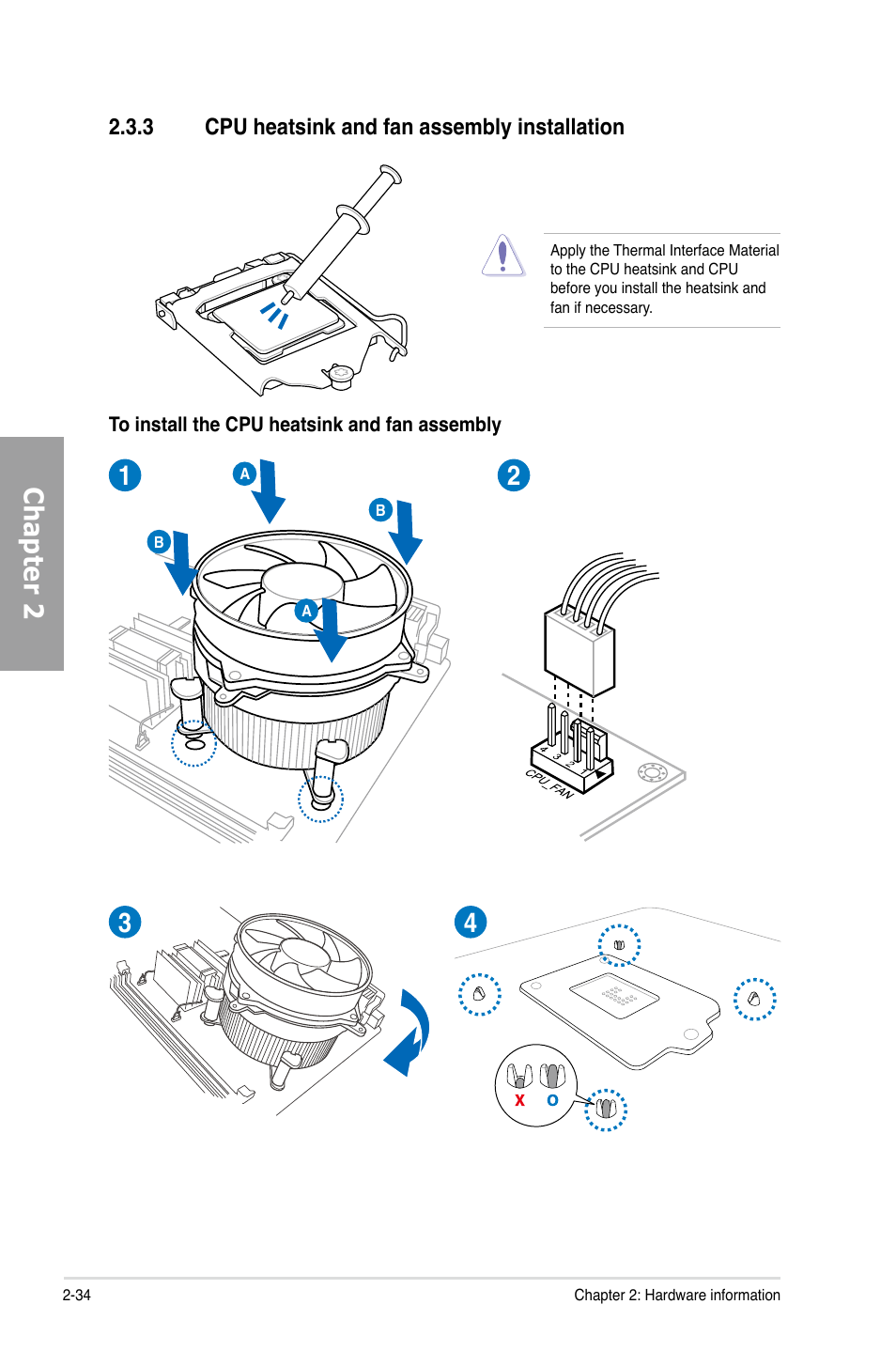 Cpu heatsink and fan assembly installation -34, Chapter 2, 3 cpu heatsink and fan assembly installation | Asus P8P67 PRO (REV 3.1) User Manual | Page 52 / 136