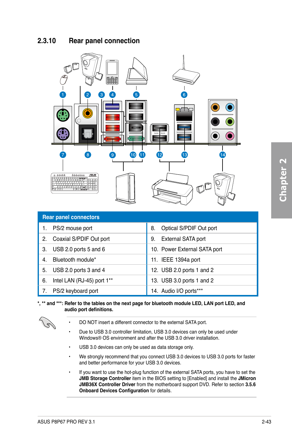 Rear panel connection -43, Chapter 2, 10 rear panel connection | Asus P8P67 PRO (REV 3.1) User Manual | Page 61 / 136