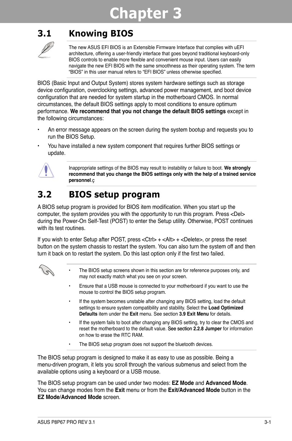 Chapter 3, Bios setup, Knowing bios -1 | Bios setup program -1, 1 knowing bios, 2 bios setup program | Asus P8P67 PRO (REV 3.1) User Manual | Page 67 / 136