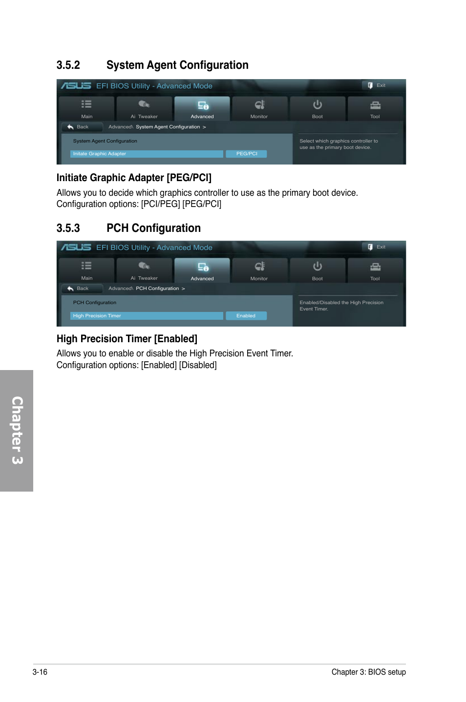 System agent configuration -16, Pch configuration -16, Chapter 3 | Initiate graphic adapter [peg/pci, High precision timer [enabled | Asus P8P67 PRO (REV 3.1) User Manual | Page 82 / 136