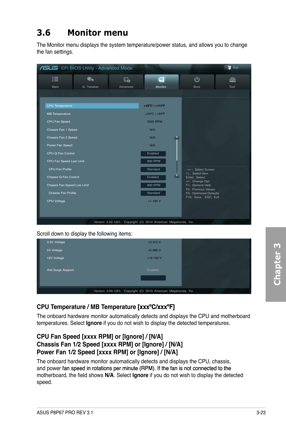 Monitor menu -23, Chapter 3 3.6 monitor menu | Asus P8P67 PRO (REV 3.1) User Manual | Page 89 / 136