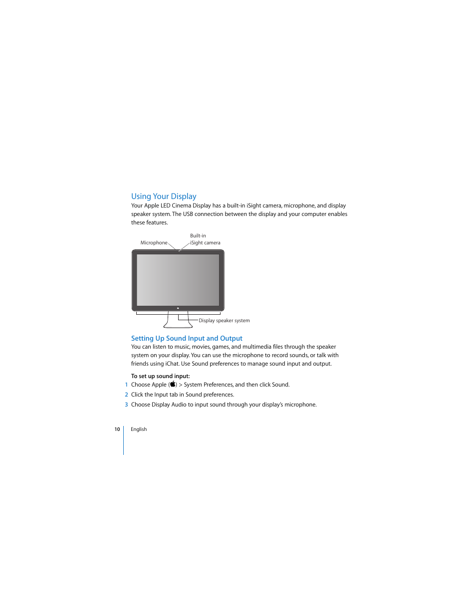 Using your display, Setting up sound input and output | Apple LED Cinema Display User Manual | Page 10 / 90
