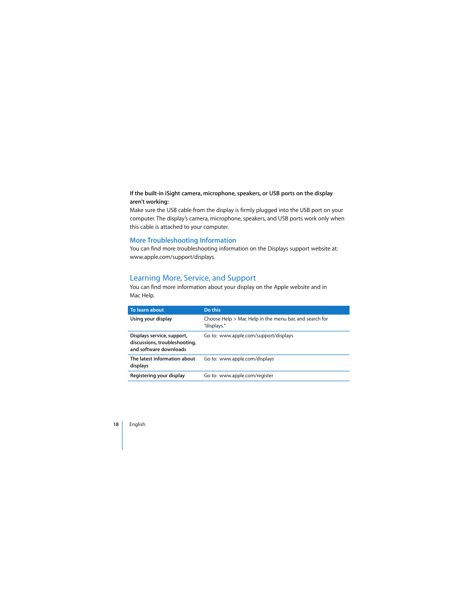 More troubleshooting information, Learning more, service, and support | Apple LED Cinema Display User Manual | Page 18 / 90