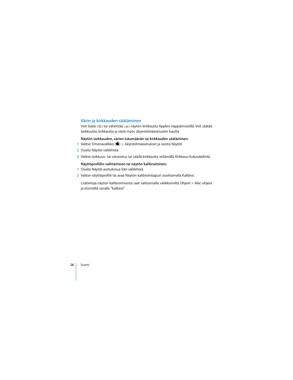Värin ja kirkkauden säätäminen | Apple LED Cinema Display User Manual | Page 26 / 90