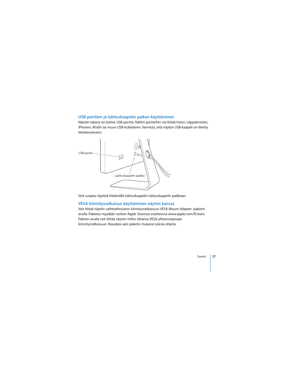 Usb-porttien ja lukituskaapelin paikan käyttäminen, Vesa-kiinnitysratkaisun käyttäminen näytön kanssa | Apple LED Cinema Display User Manual | Page 27 / 90