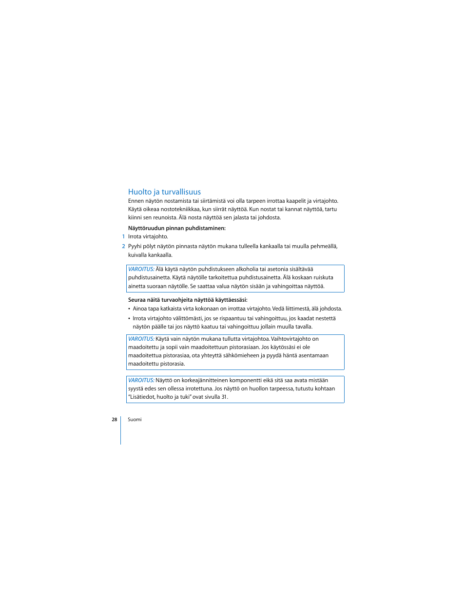 Huolto ja turvallisuus | Apple LED Cinema Display User Manual | Page 28 / 90