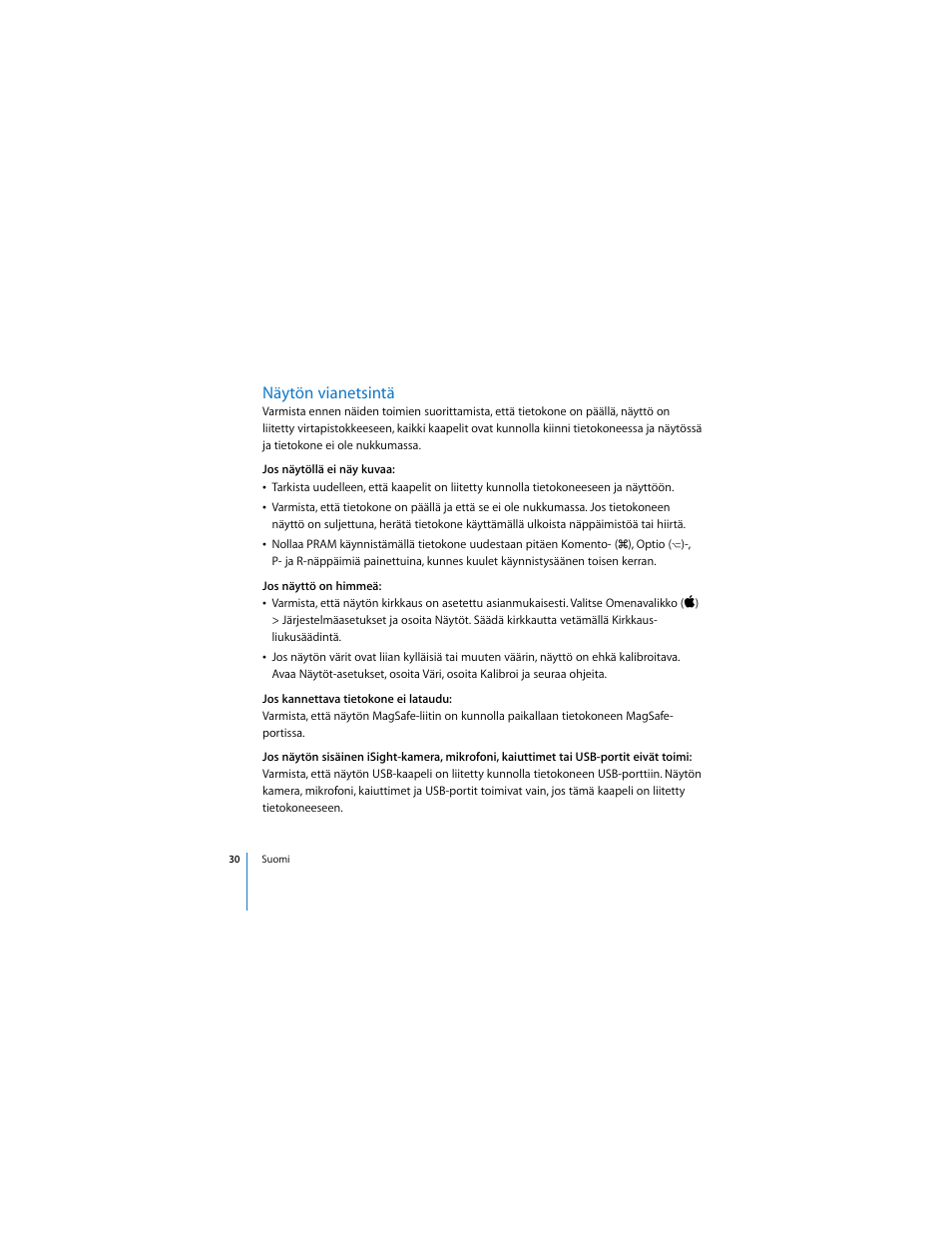 Näytön vianetsintä | Apple LED Cinema Display User Manual | Page 30 / 90