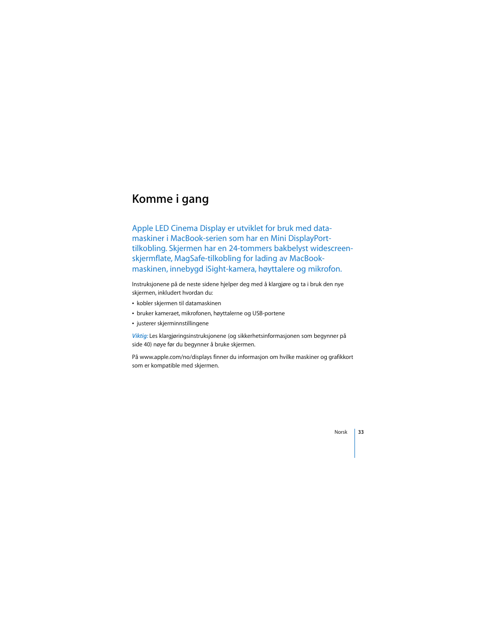 Komme i gang | Apple LED Cinema Display User Manual | Page 33 / 90