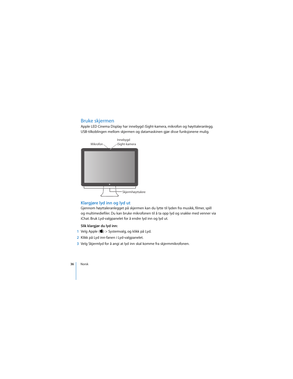 Bruke skjermen, Klargjøre lyd inn og lyd ut | Apple LED Cinema Display User Manual | Page 36 / 90
