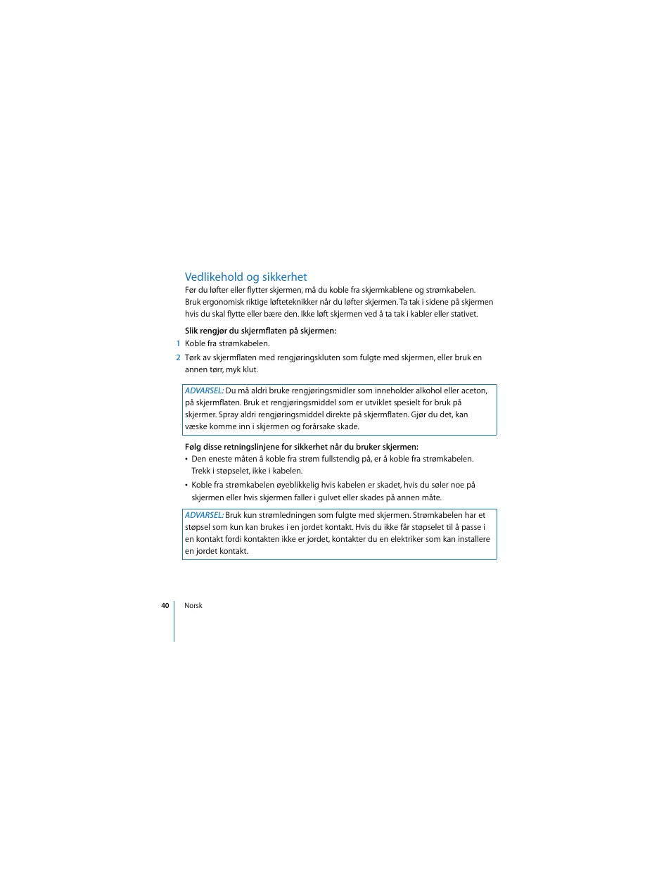 Vedlikehold og sikkerhet | Apple LED Cinema Display User Manual | Page 40 / 90
