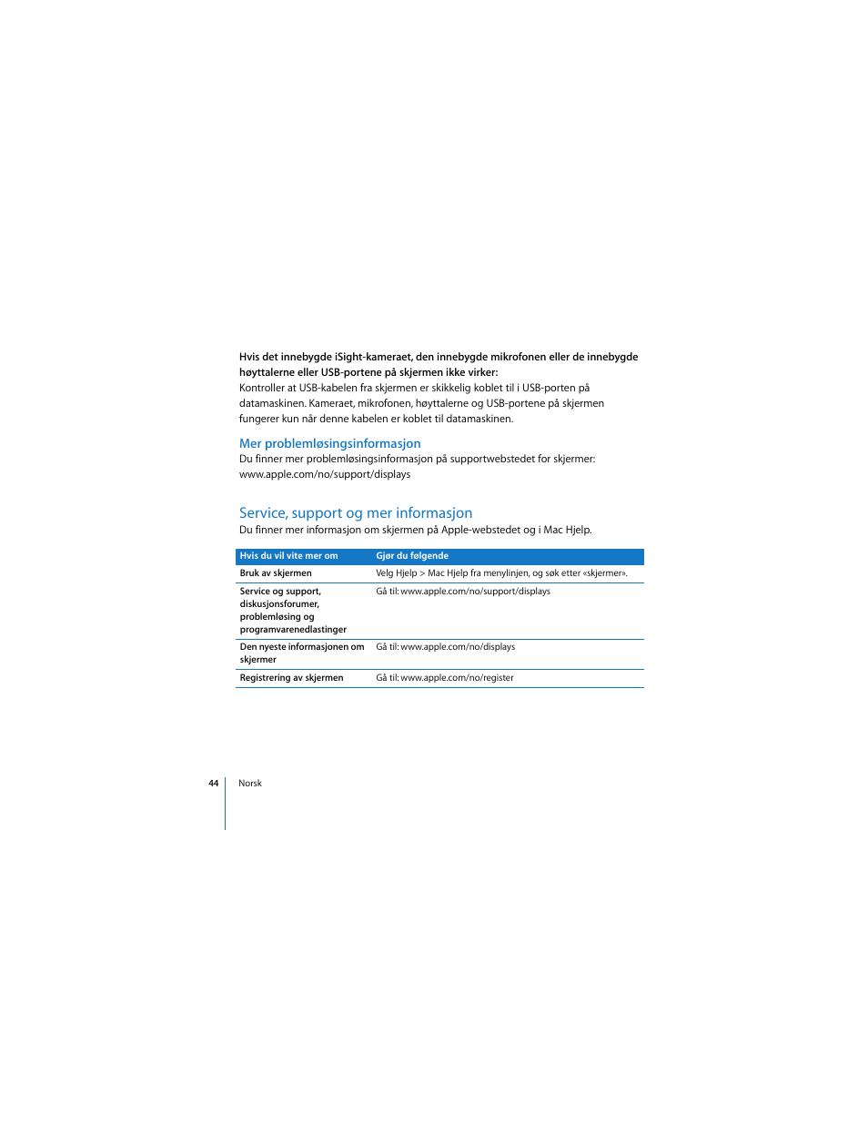 Mer problemløsingsinformasjon, Service, support og mer informasjon | Apple LED Cinema Display User Manual | Page 44 / 90
