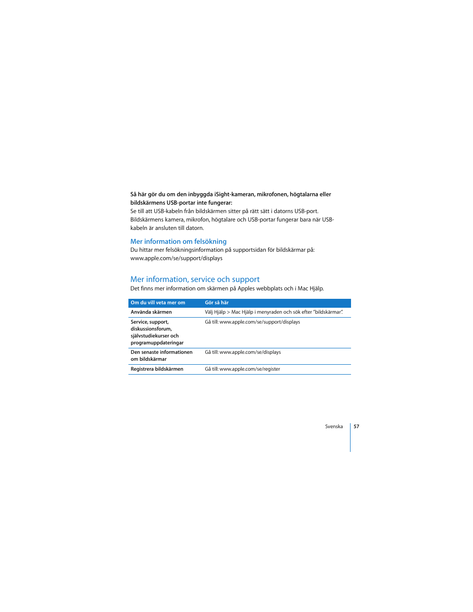 Mer information om felsökning, Mer information, service och support | Apple LED Cinema Display User Manual | Page 57 / 90