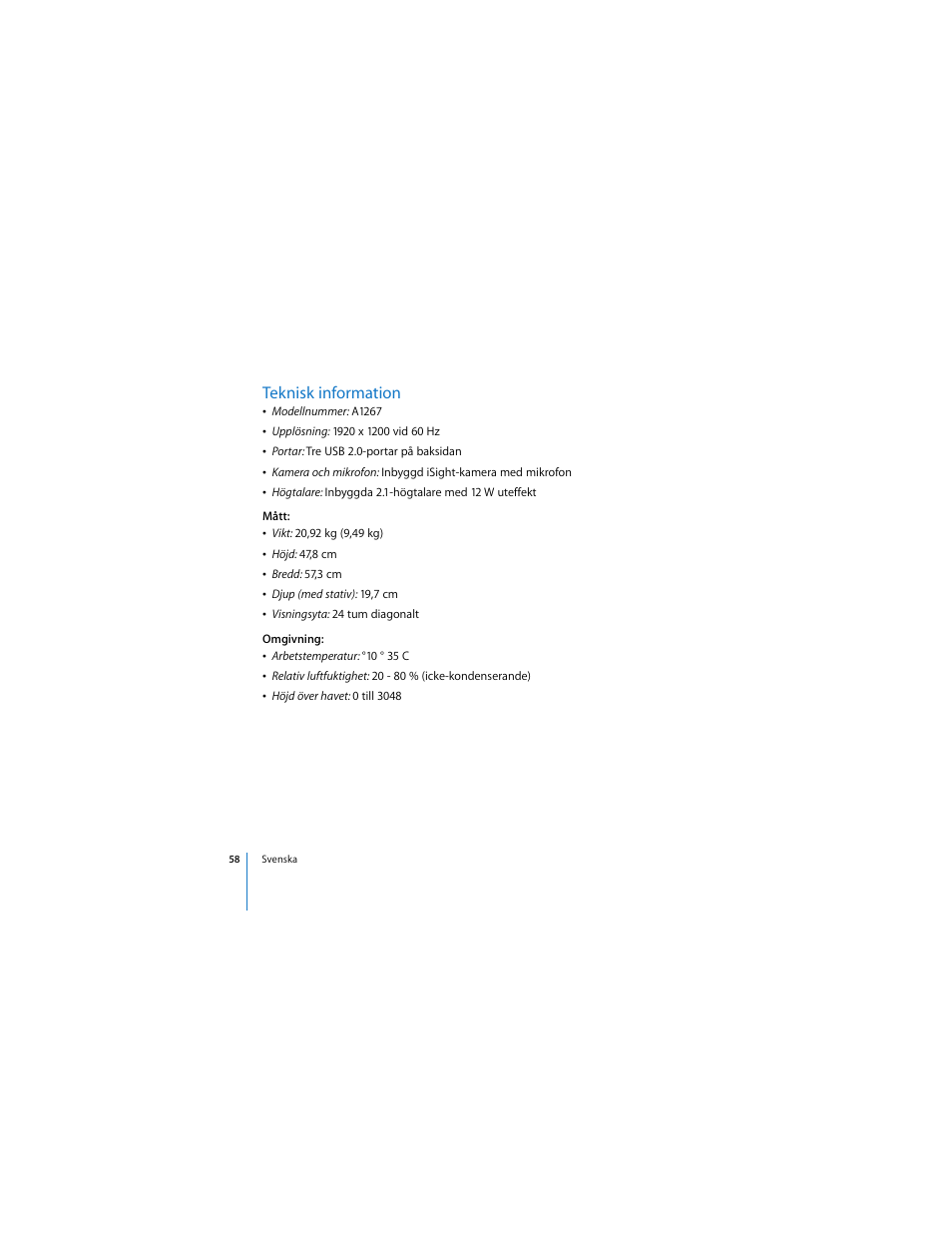 Teknisk information | Apple LED Cinema Display User Manual | Page 58 / 90