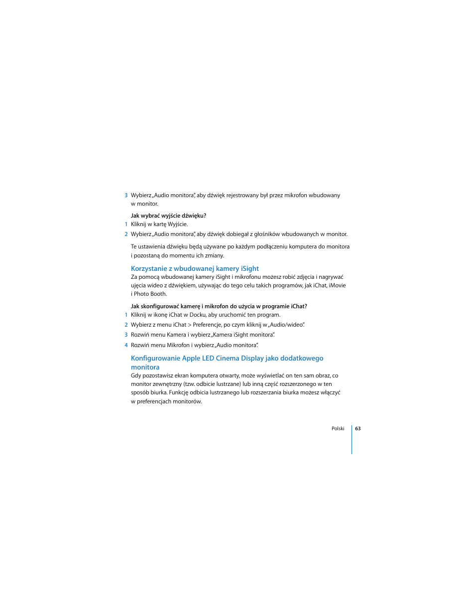 Korzystanie z wbudowanej kamery isight | Apple LED Cinema Display User Manual | Page 63 / 90