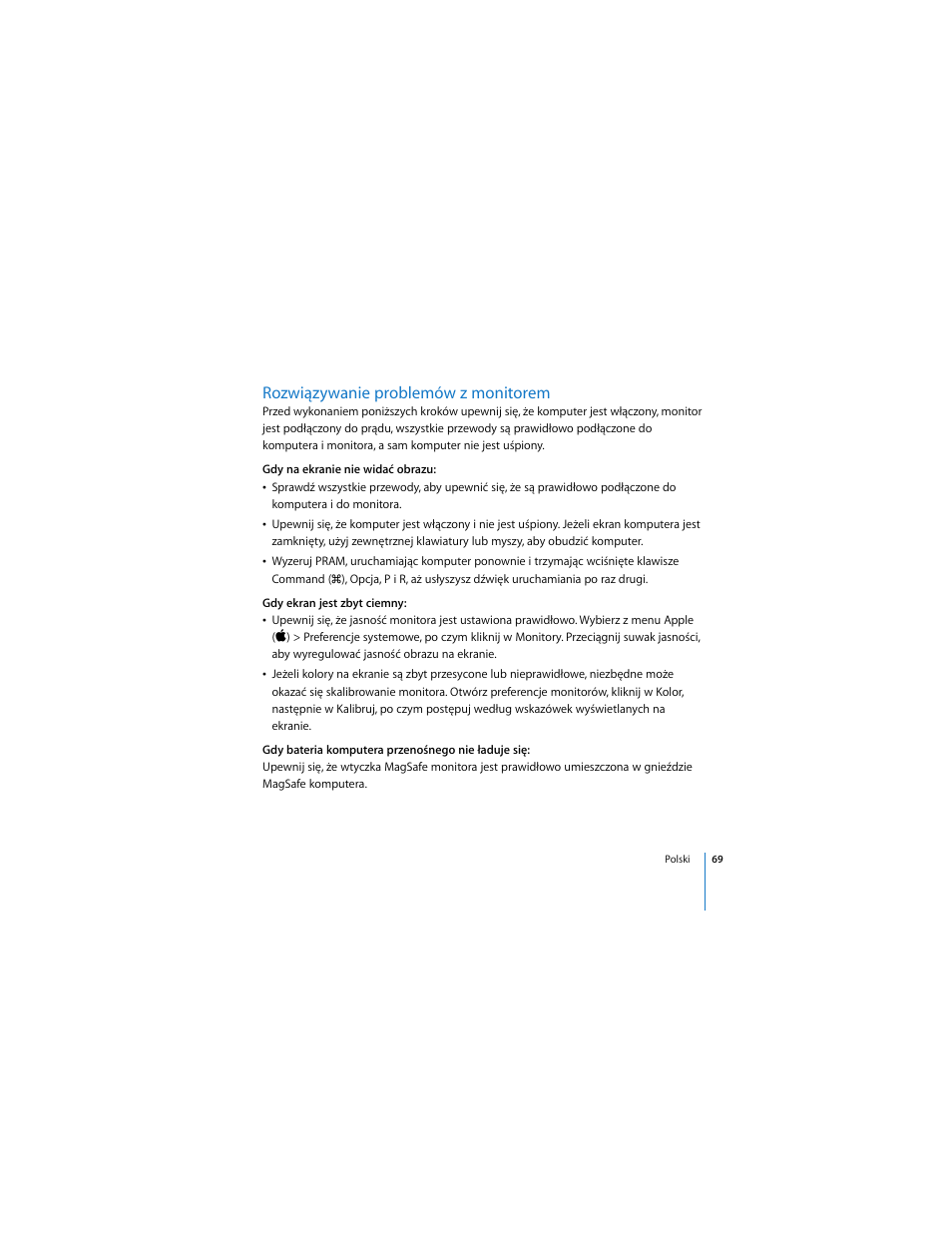 Rozwiązywanie problemów z monitorem | Apple LED Cinema Display User Manual | Page 69 / 90