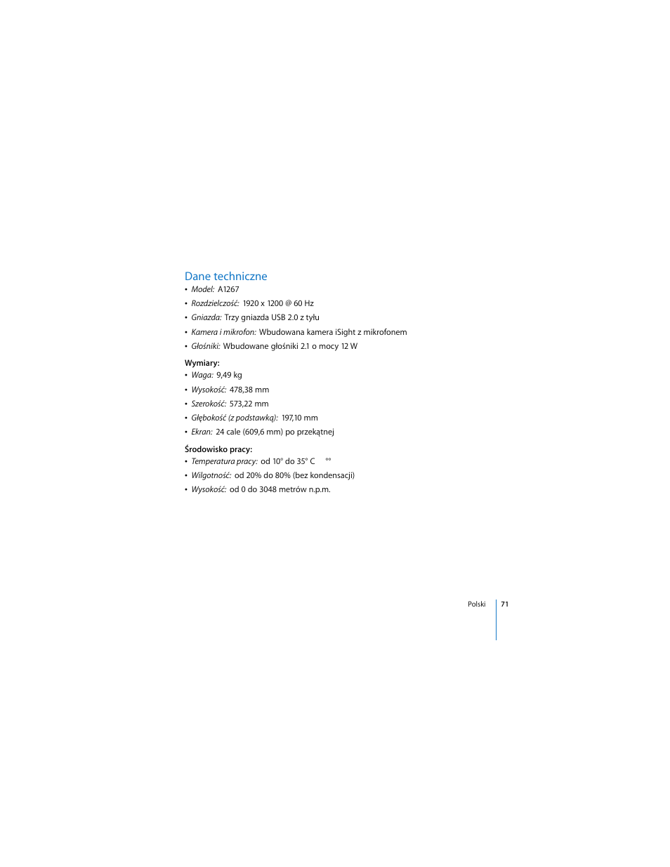 Dane techniczne | Apple LED Cinema Display User Manual | Page 71 / 90