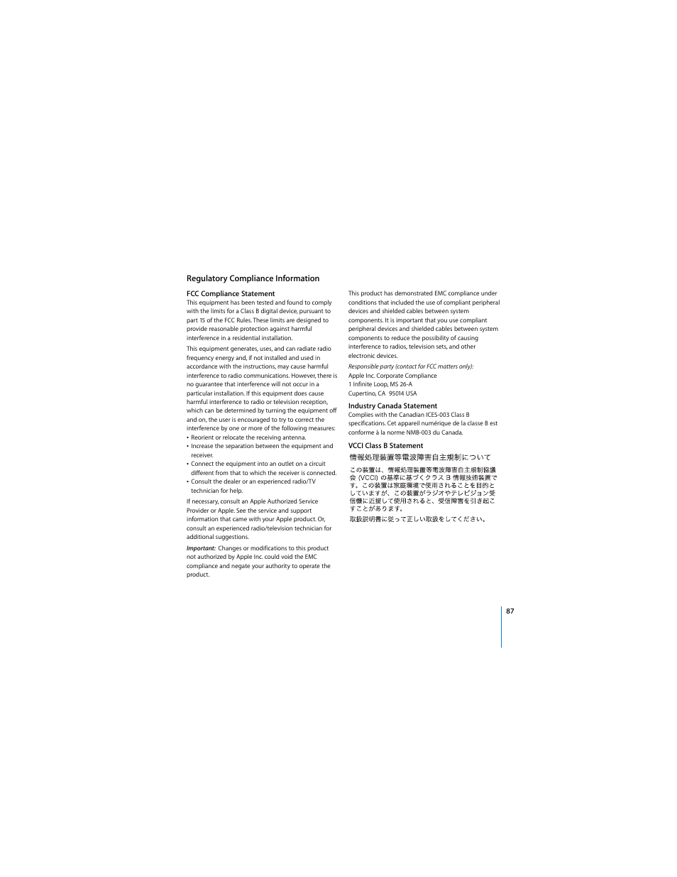 Regulatory compliance information | Apple LED Cinema Display User Manual | Page 87 / 90