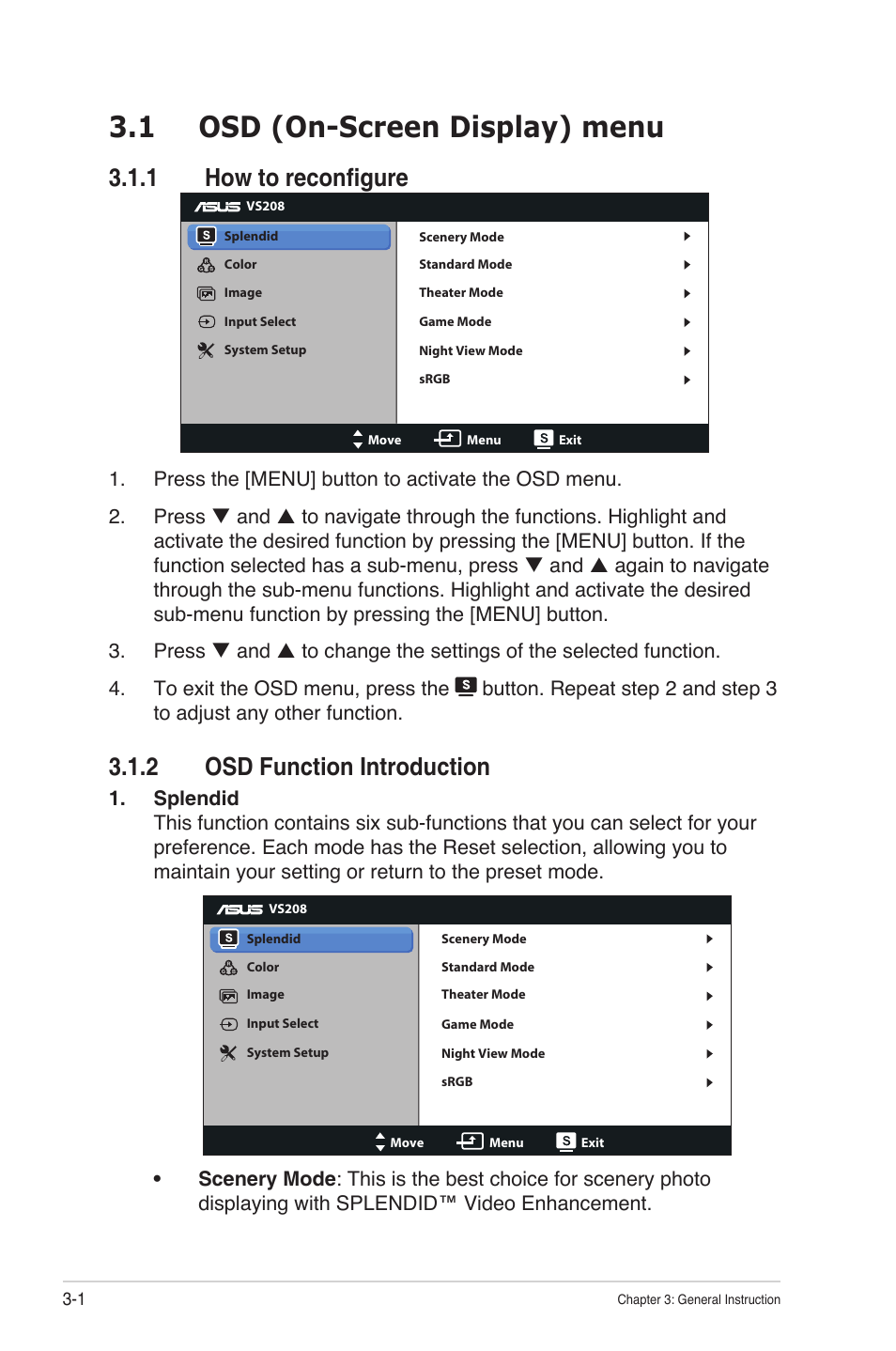 1 osd (on-screen display) menu, 1 how to reconfigure, 2 osd function introduction | Asus VS208NR User Manual | Page 14 / 20