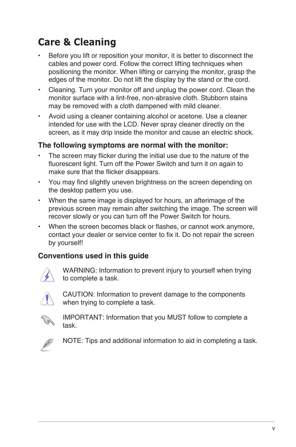 Care & cleaning | Asus VS208NR User Manual | Page 5 / 20
