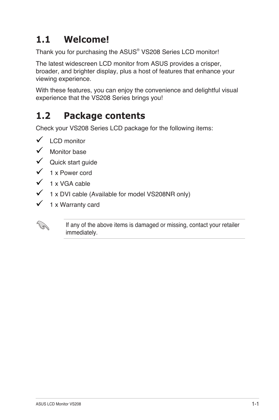 1 welcome, 2 package contents | Asus VS208NR User Manual | Page 7 / 20