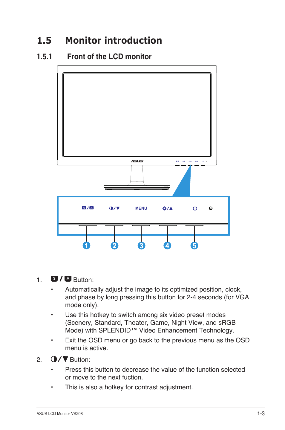 5 monitor introduction, 1 front of the lcd monitor | Asus VS208NR User Manual | Page 9 / 20