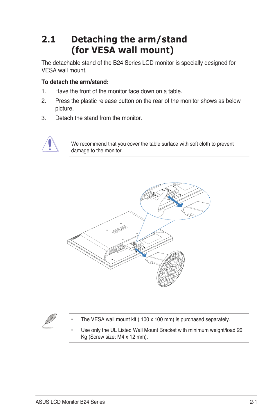 1 detaching the arm/stand (for vesa wall mount) | Asus B24N User Manual | Page 10 / 18