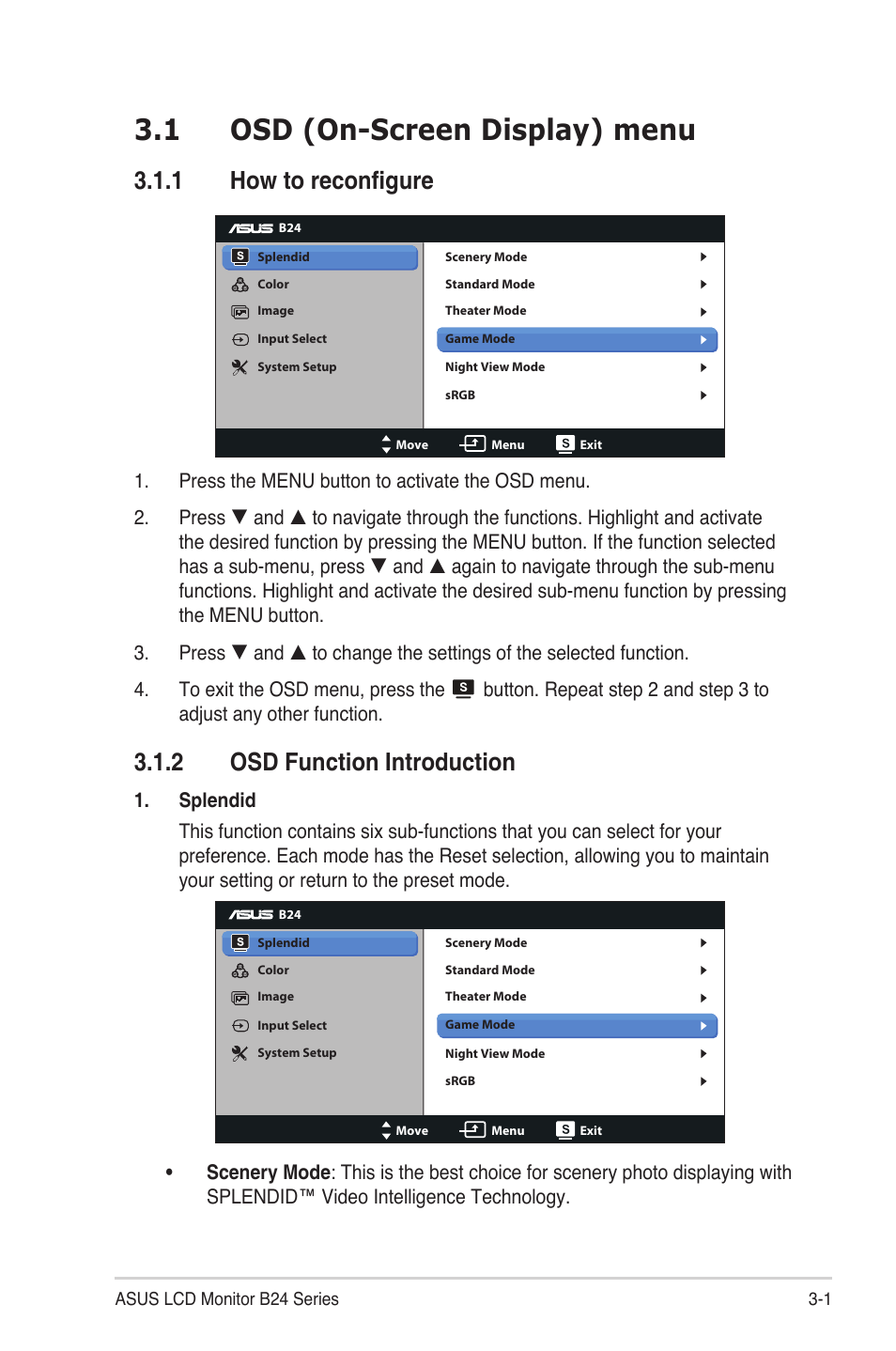 1 osd (on-screen display) menu, 1 how to reconfigure, 2 osd function introduction | Asus B24N User Manual | Page 12 / 18