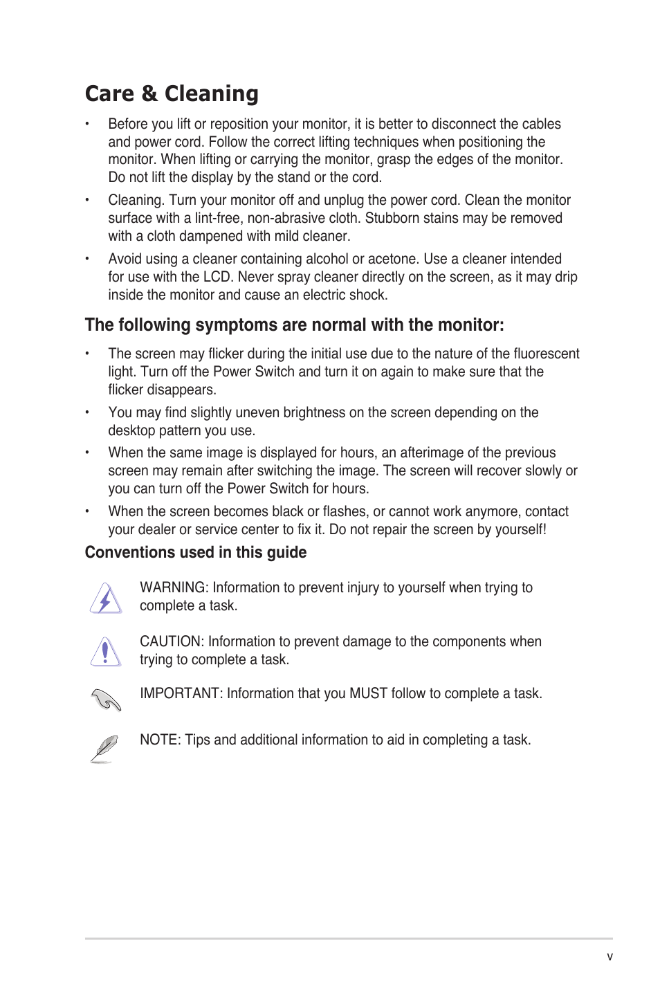 Care & cleaning, The following symptoms are normal with the monitor | Asus B24N User Manual | Page 5 / 18