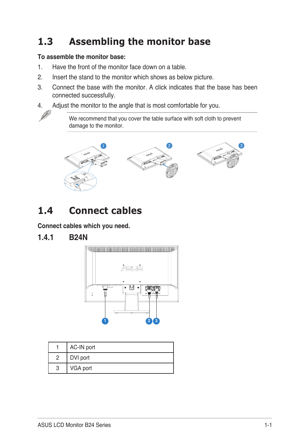 3 assembling the monitor base, 4 connect cables, 1 b24n | Asus B24N User Manual | Page 7 / 18