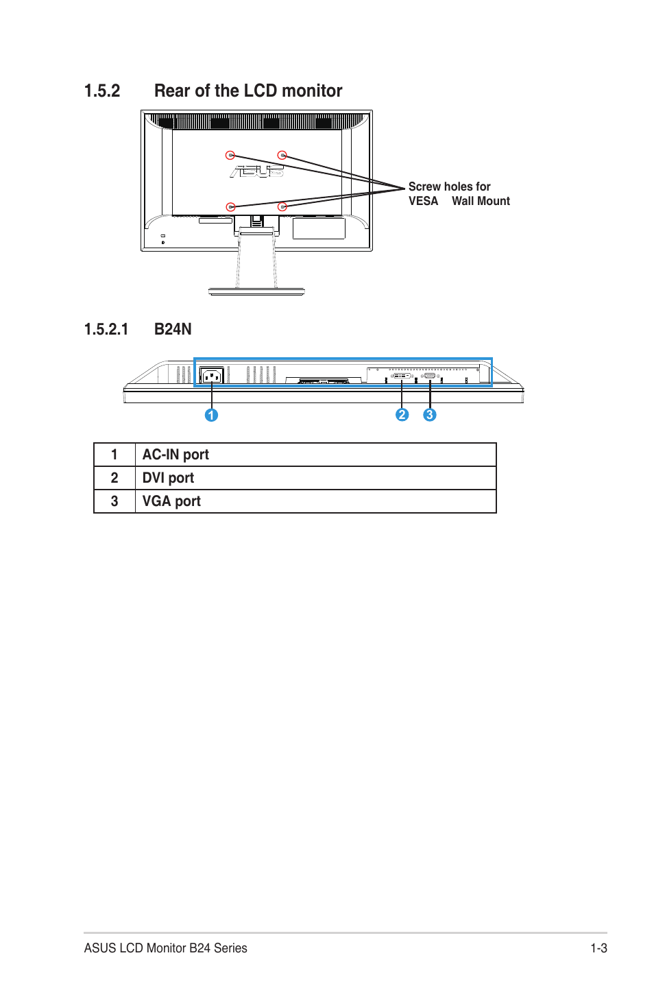 2 rear of the lcd monitor, 1 b24n | Asus B24N User Manual | Page 9 / 18