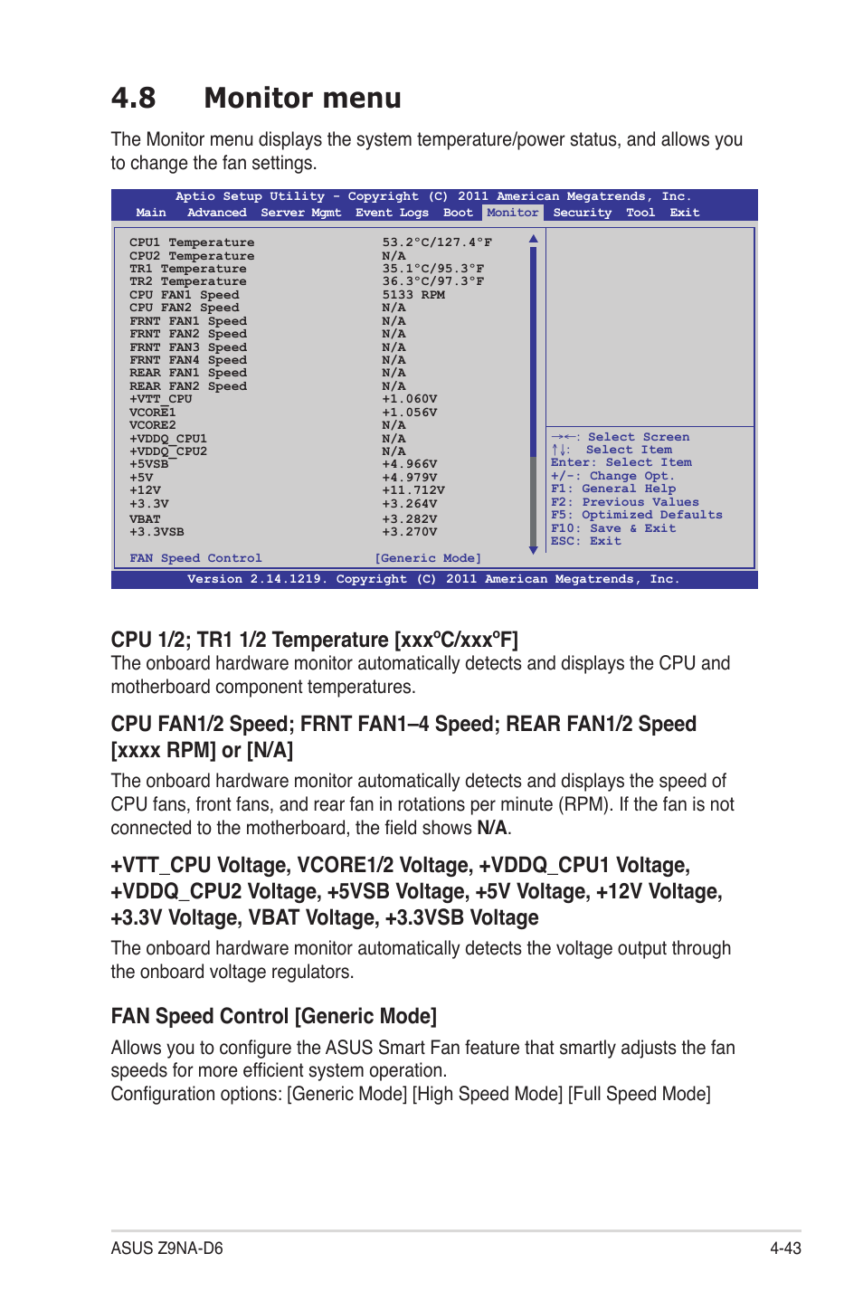 8 monitor menu, Monitor menu -43, Fan speed control [generic mode | Asus Z9NA-D6 User Manual | Page 103 / 188