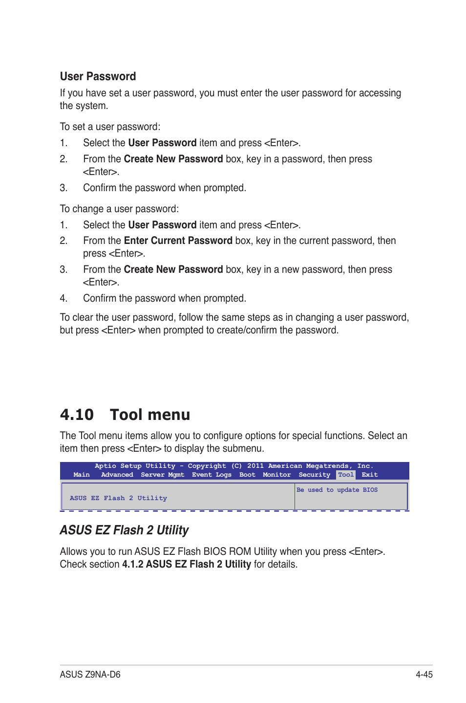 10 tool menu, 10 tool menu -45, Asus ez flash 2 utility | User password | Asus Z9NA-D6 User Manual | Page 105 / 188