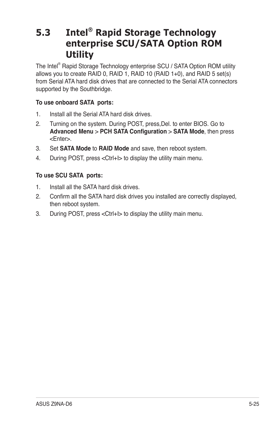 Intel, Rapid storage technology enterprise scu/sata, Option rom utility -25 | 3 intel | Asus Z9NA-D6 User Manual | Page 133 / 188