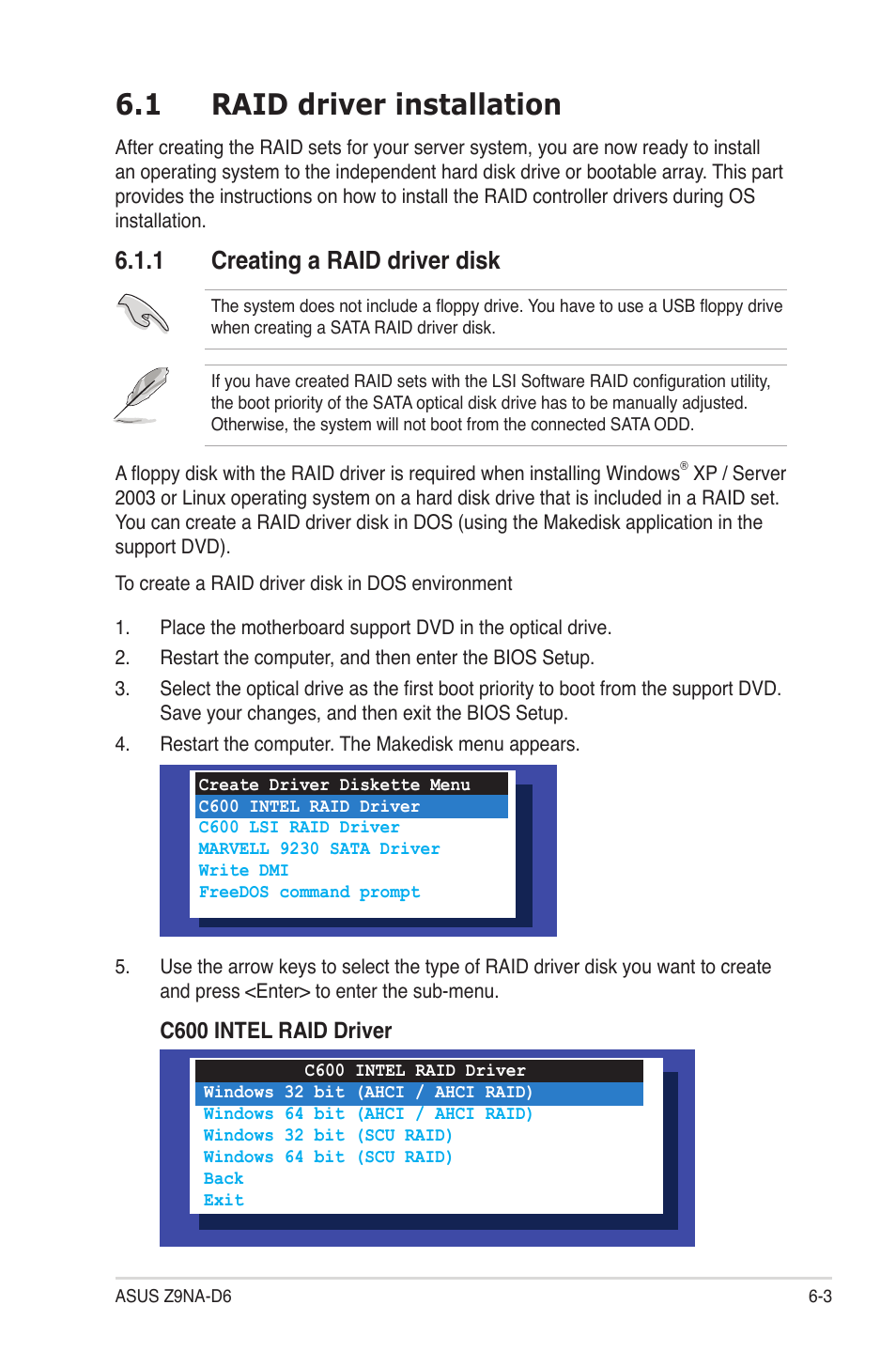 1 raid driver installation, 1 creating a raid driver disk, Raid driver installation -3 6.1.1 | Creating a raid driver disk -3, Raid driver installation -3 | Asus Z9NA-D6 User Manual | Page 151 / 188