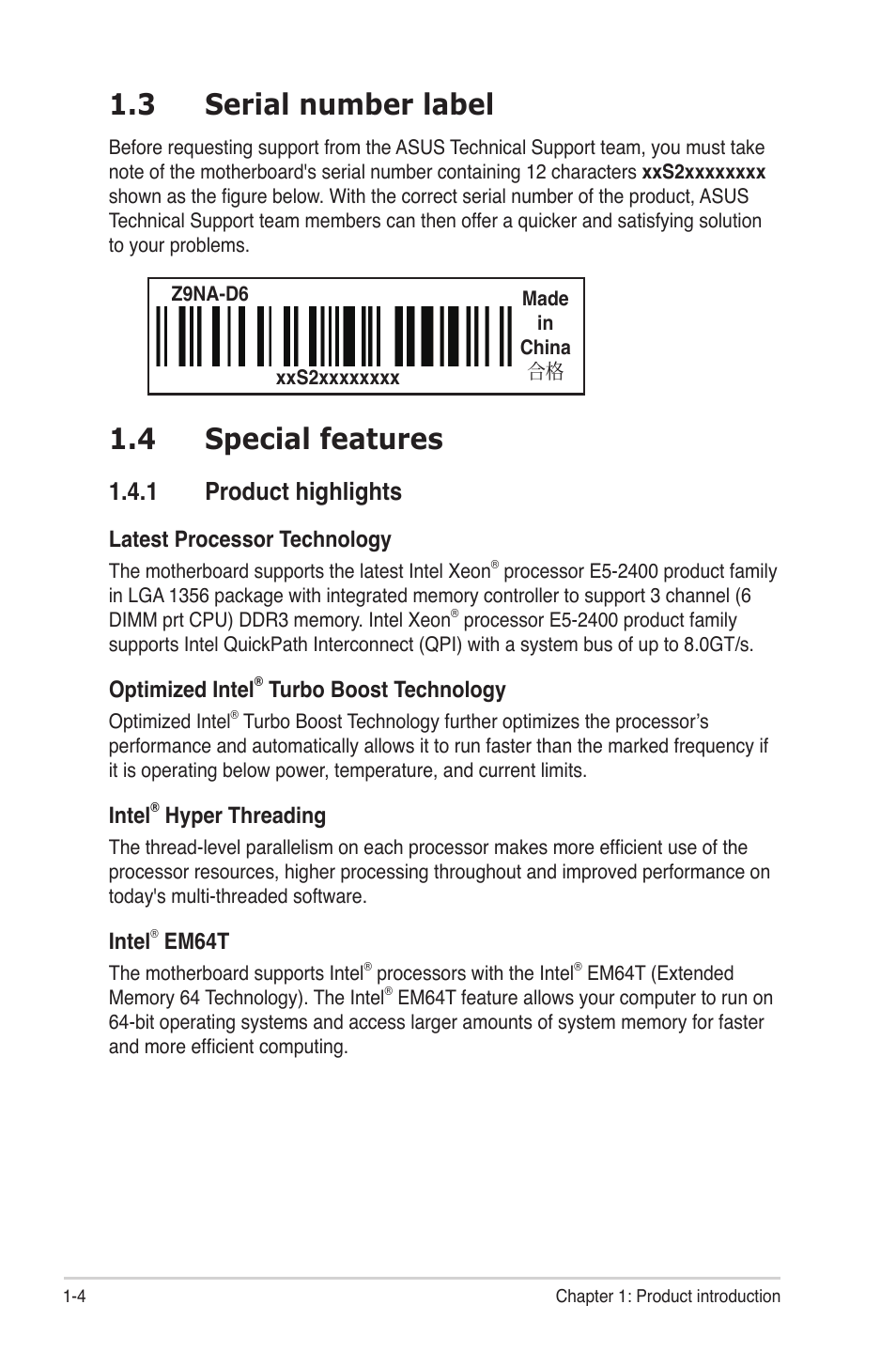 3 serial number label, 4 special features, 1 product highlights | Serial number label -4, Special features -4 1.4.1, Product highlights -4 | Asus Z9NA-D6 User Manual | Page 18 / 188