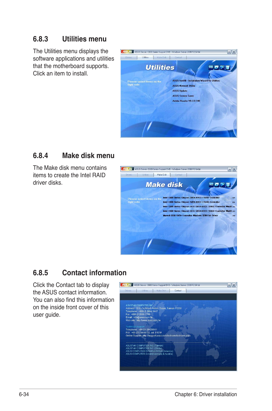 3 utilities menu, 4 make disk menu, 5 contact information | Utilities menu -34, Make disk menu -34, Contact information -34 | Asus Z9NA-D6 User Manual | Page 182 / 188