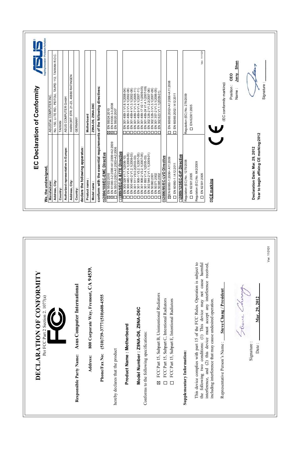 Declaration of conformity, Ec declaration of conformity, Asu s c om pu te r in te rn at io na l | Asus Z9NA-D6 User Manual | Page 188 / 188