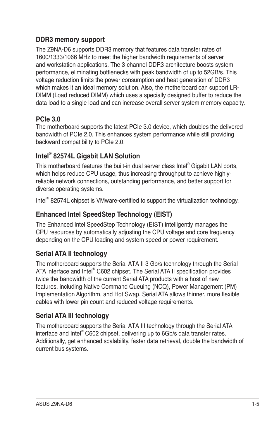 Pcie 3.0, Intel, Enhanced intel speedstep technology (eist) | Serial ata ii technology, Serial ata iii technology | Asus Z9NA-D6 User Manual | Page 19 / 188