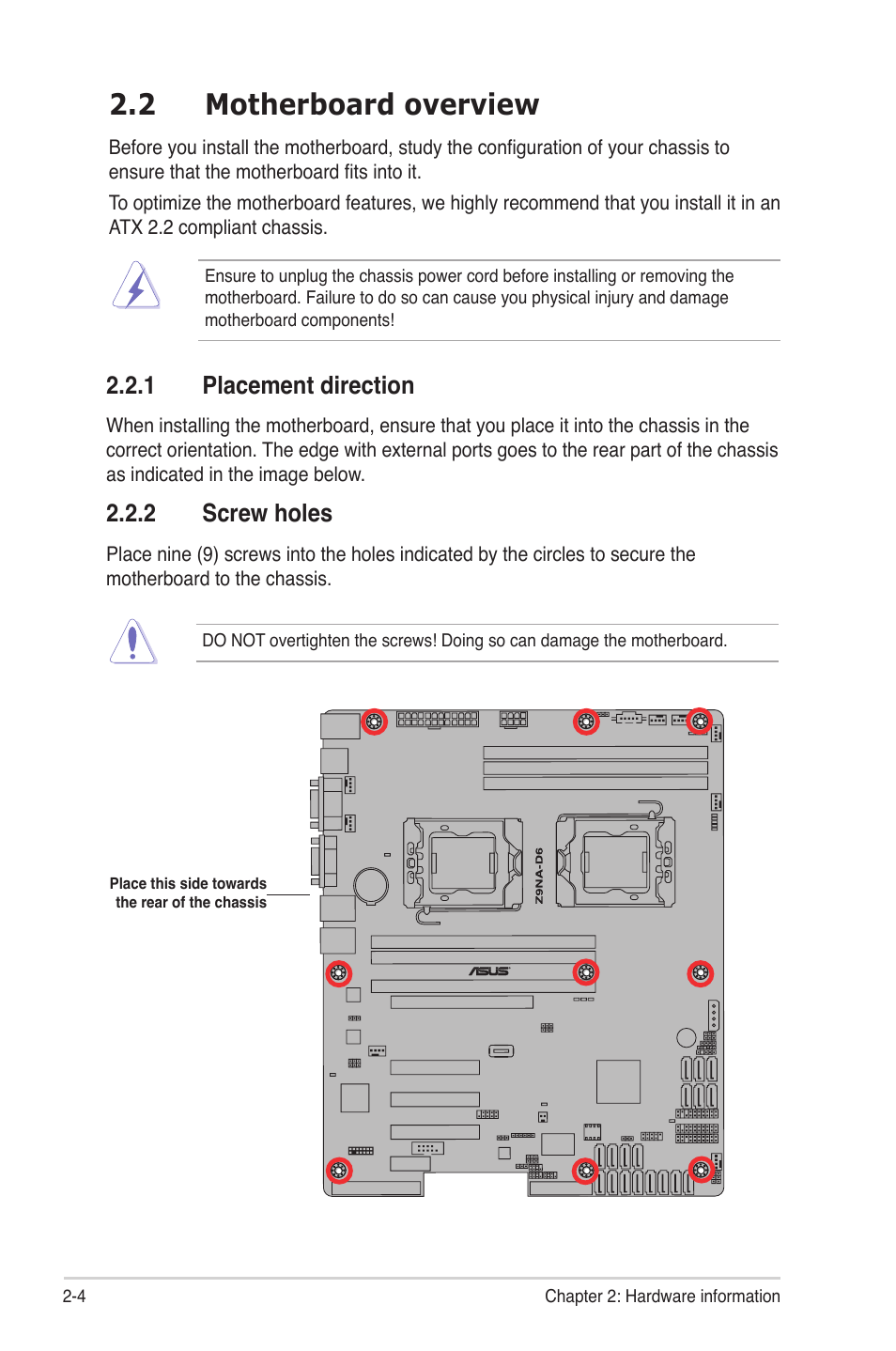 2 motherboard overview, 1 placement direction, 2 screw holes | Motherboard overview -4 2.2.1, Placement direction -4, Screw holes -4, Motherboard overview -4 | Asus Z9NA-D6 User Manual | Page 24 / 188