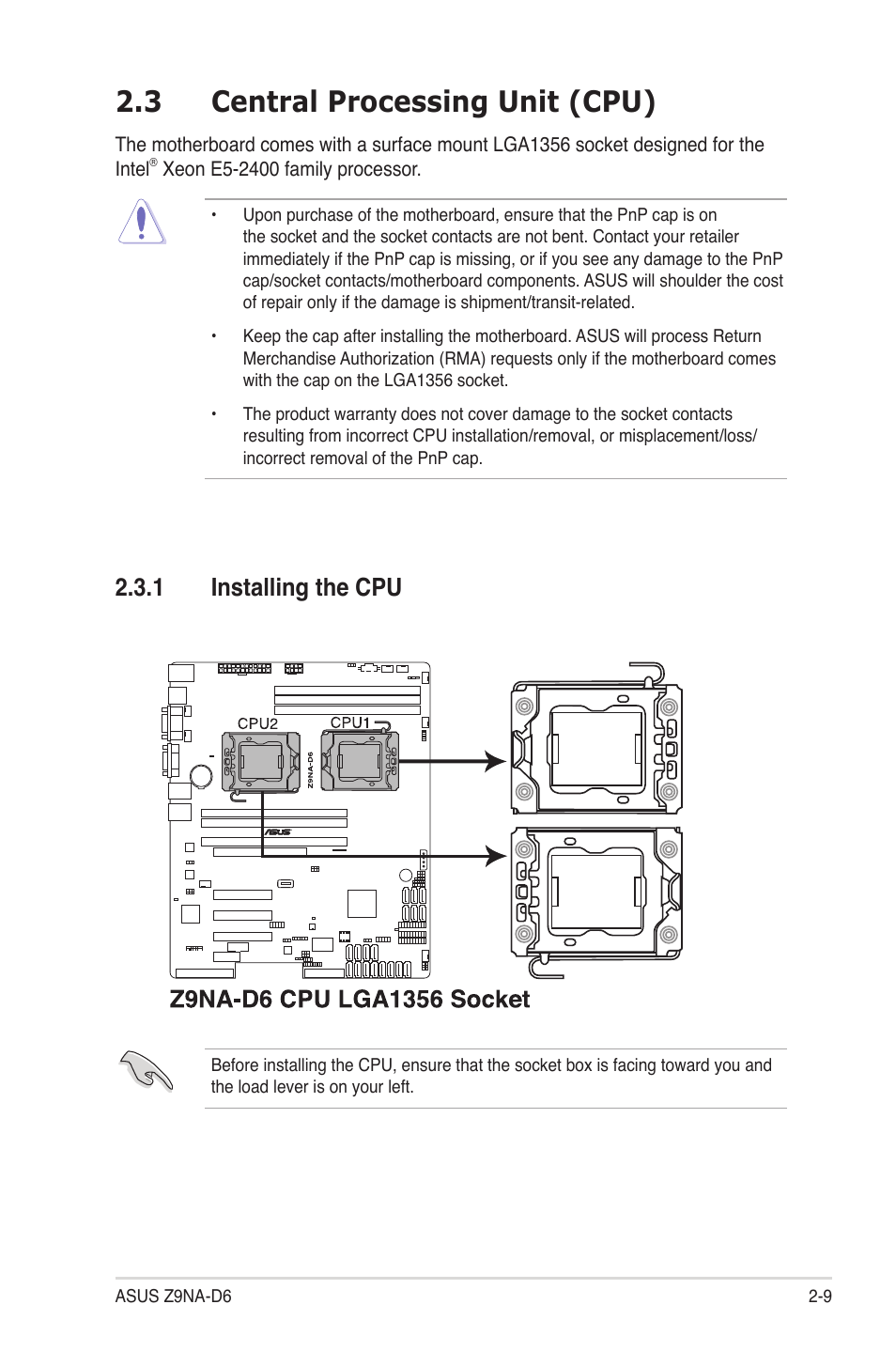 3 central processing unit (cpu), 1 installing the cpu, Central processing unit (cpu) -9 2.3.1 | Installing the cpu -9, Central processing unit (cpu) -9 | Asus Z9NA-D6 User Manual | Page 29 / 188