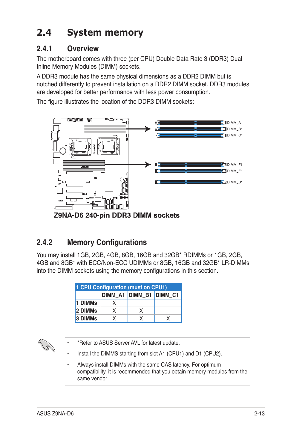4 system memory, 1 overview, 2 memory configurations | System memory -13 2.4.1, Overview -13, Memory configurations -13, System memory -13 | Asus Z9NA-D6 User Manual | Page 33 / 188