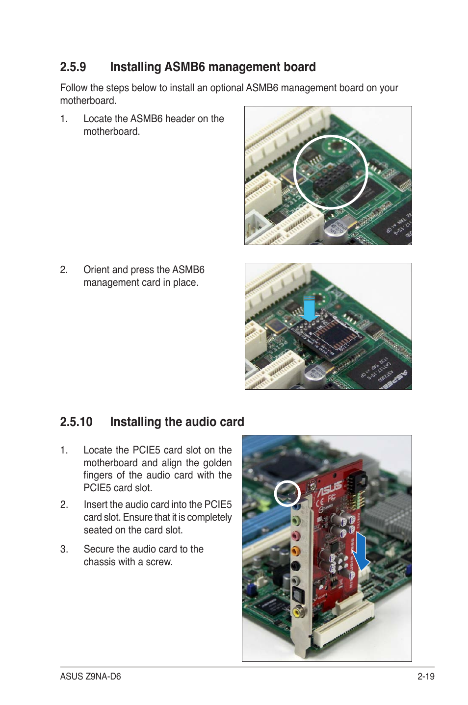 9 installing asmb6 management board, 10 installing the audio card, Installing asmb6 management board -19 | 10 installing the audio card -19 | Asus Z9NA-D6 User Manual | Page 39 / 188