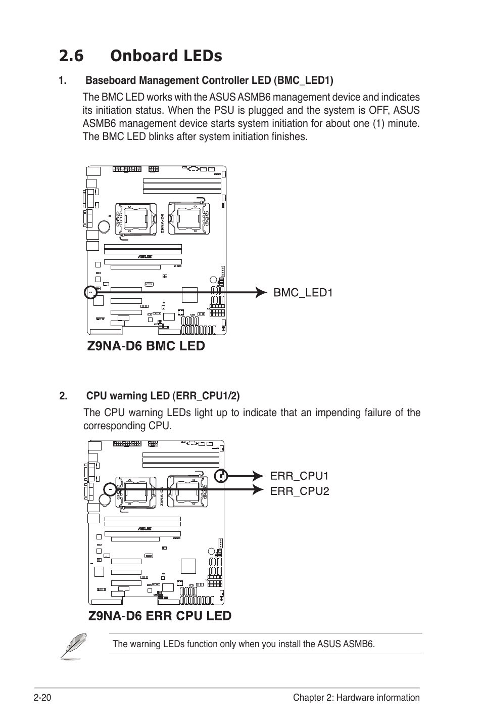 6 onboard leds, Onboard leds -20 | Asus Z9NA-D6 User Manual | Page 40 / 188